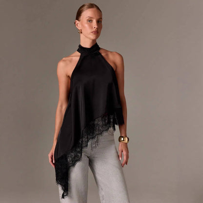 Satin Lace Trim Halter Top