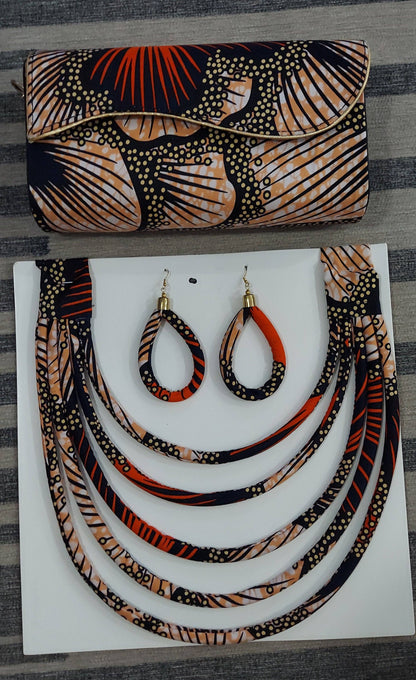 African Kente /Ankara 24 Peach Clutch& Necklace