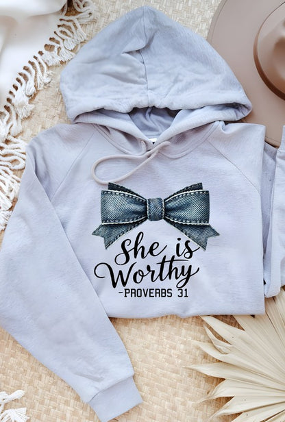 Blue Bow She is Worthy Proverbs 31 Graphic Hoodie