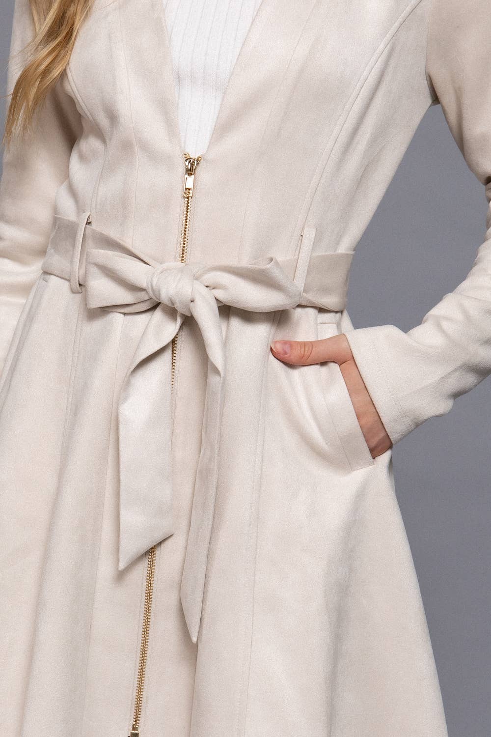 Briah V-Neck Zip-Up Belted Faux Suede Dress Jacket
