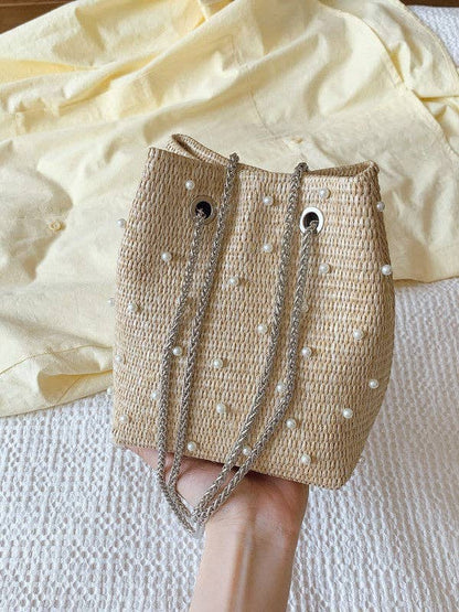 Mini Woven Bucket Bag with Pearl & Rhinestone Accents