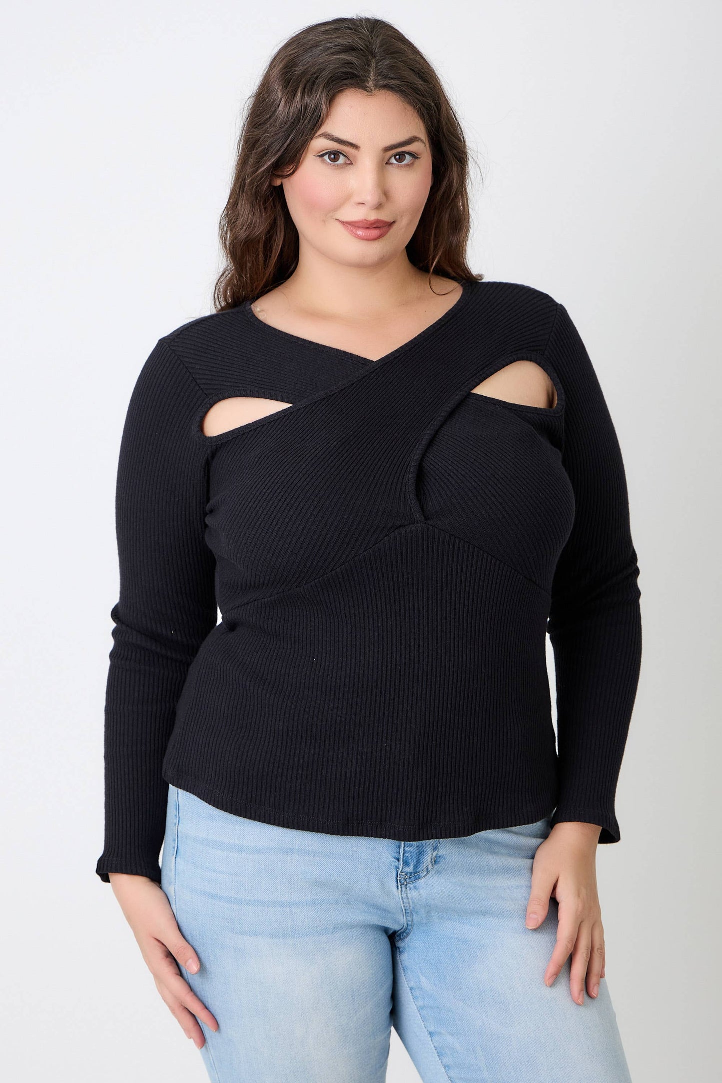 Kitty  Black Ribbed Cutout Long Sleeve Top JK18852-T