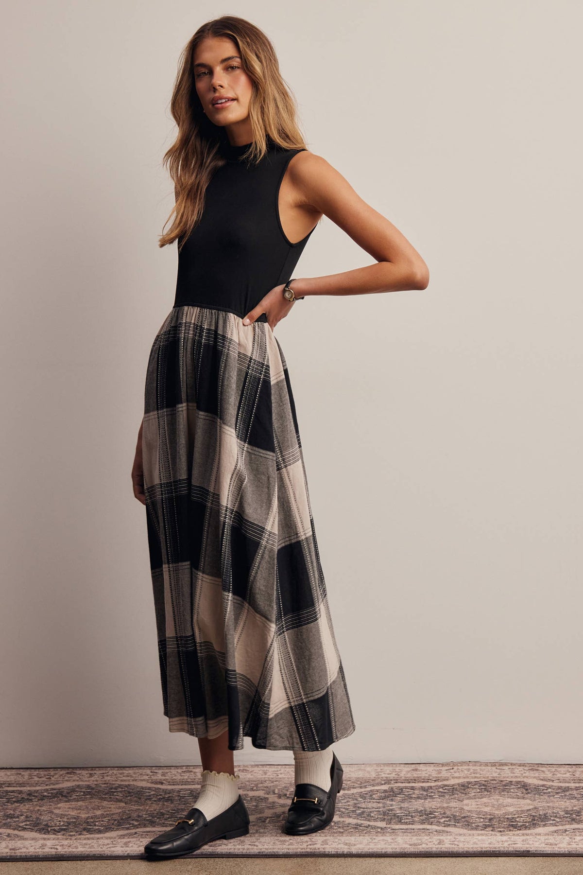 Mock Neck Mixed Media Plaid Midi Dress