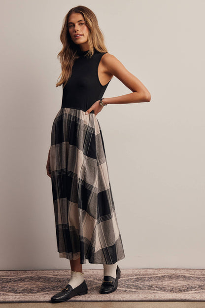 Mock Neck Mixed Media Plaid Midi Dress