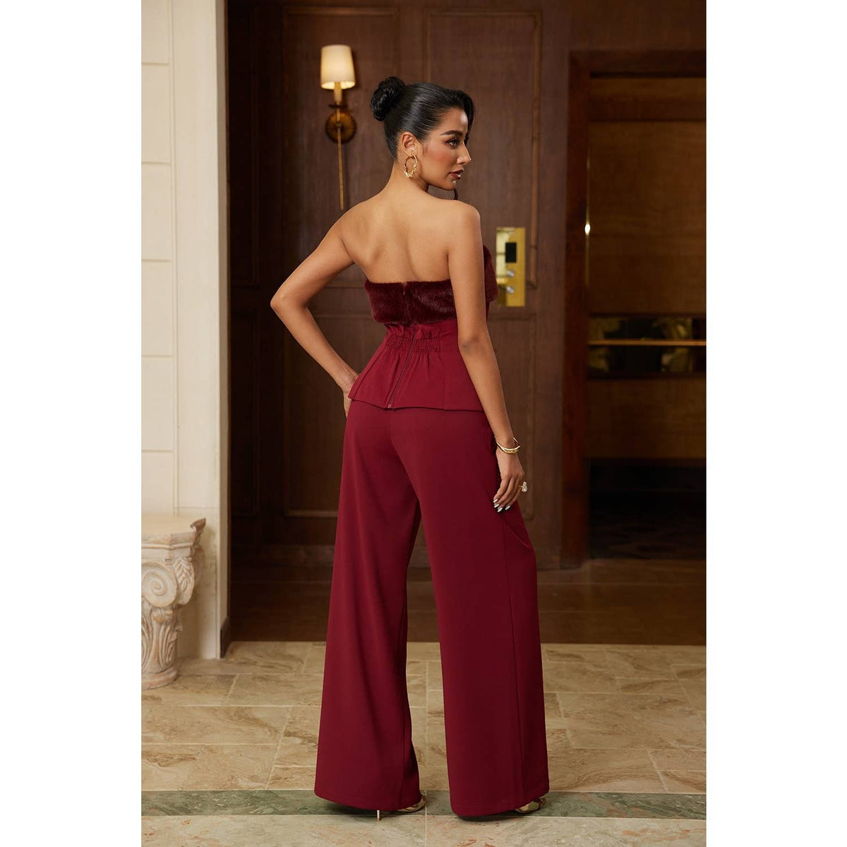 Faux Fur Strapless Top and Wide-Leg Tailored Pant Set
