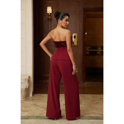 Faux Fur Strapless Top and Wide-Leg Tailored Pant Set