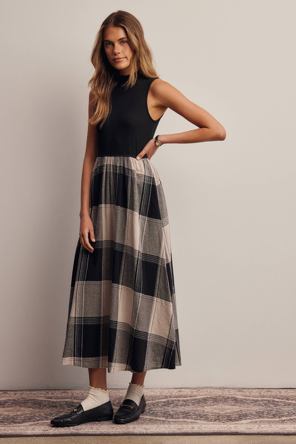Mock Neck Mixed Media Plaid Midi Dress