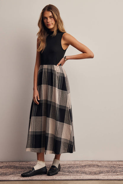 Mock Neck Mixed Media Plaid Midi Dress