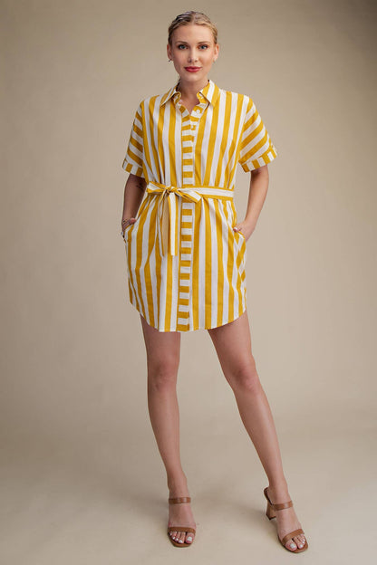 Collar Neck Button-Up Shirts Waist Tie Mini Dress