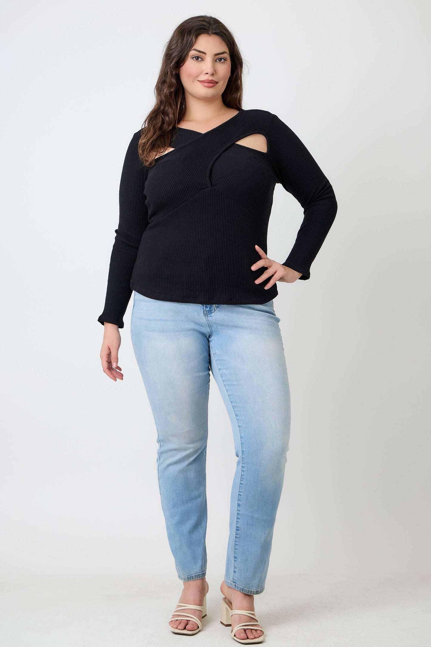 Kitty  Black Ribbed Cutout Long Sleeve Top JK18852-T