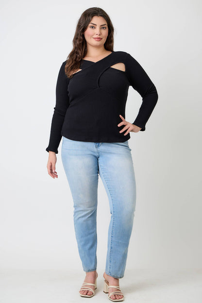 Kitty  Black Ribbed Cutout Long Sleeve Top JK18852-T