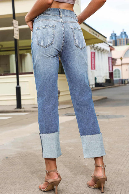 High Waist Distressed Straight Leg Jeans