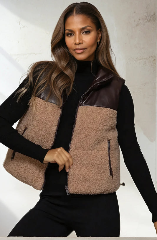 Tashena Reversible Faux Leather-Sherpa Contrast Bubble Crop Vest