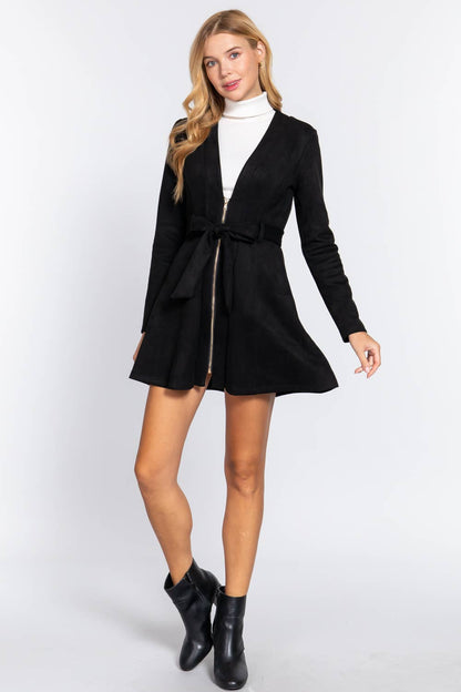 Briah V-Neck Zip-Up Belted Faux Suede Dress Jacket