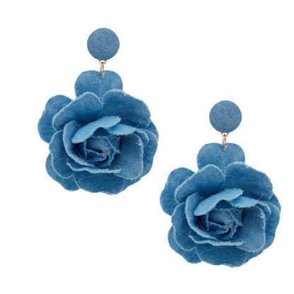 Drop Blue Denim Dimensional Flower Earrings Women