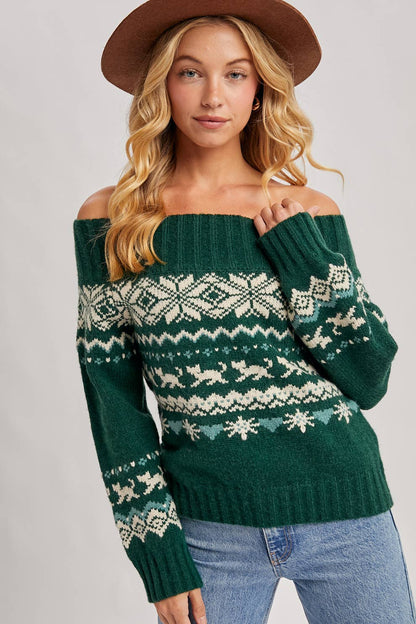SNOW ISLE OFF SHOULDER KNIT SWEATER - HOLIDAY