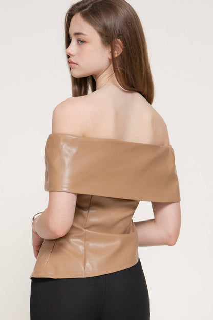 Off The Shoulder Faux Leather Top with Asymmetric Hem