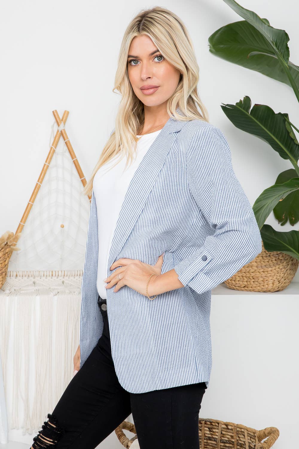 Seersucker Stripe Open Front Blazer