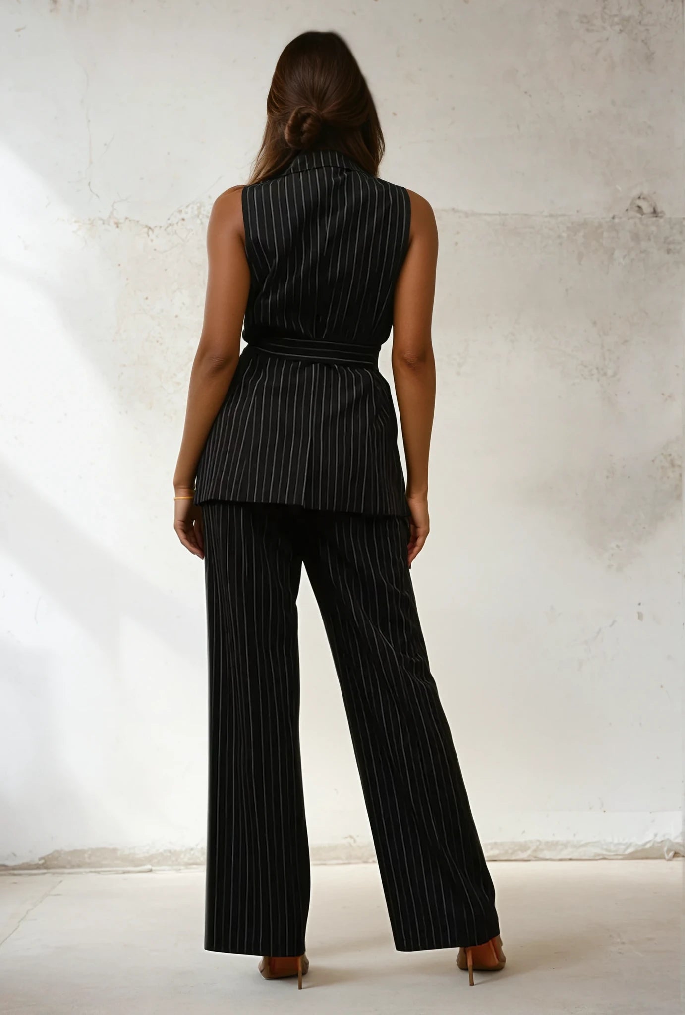 Pinstripes blazer vest suit set with sash