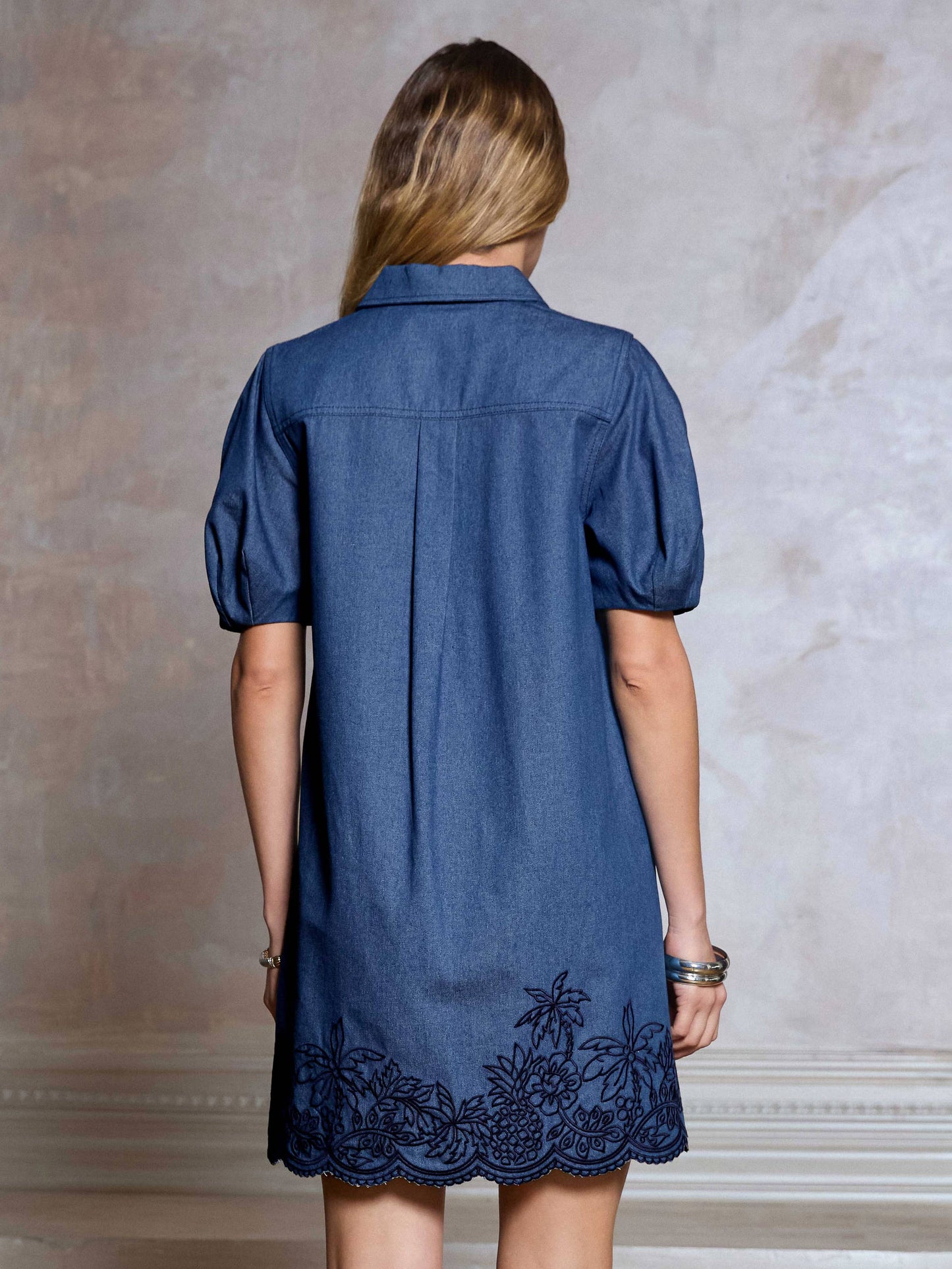Denim Embroidered Shift Mini Dress