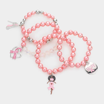 4PCS - Pink Ribbon Stiletto Heel Hope Message Afro Girl Charm Pearl Stretch Bracelets