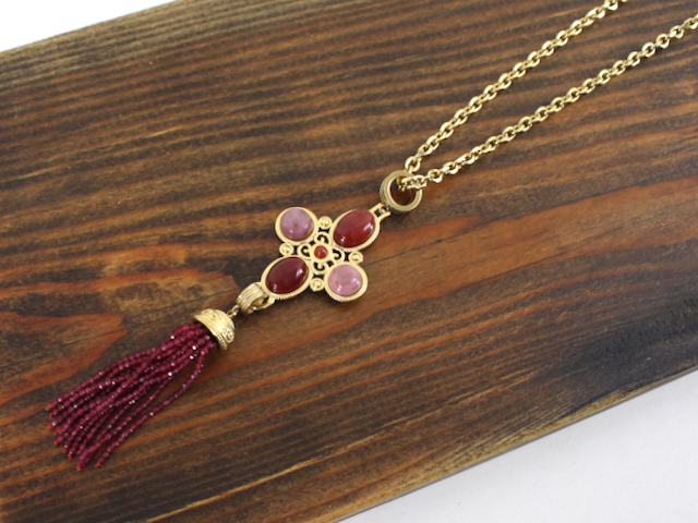 N25260 Stone Pendant Beaded Tassel Stainless Steel Necklace