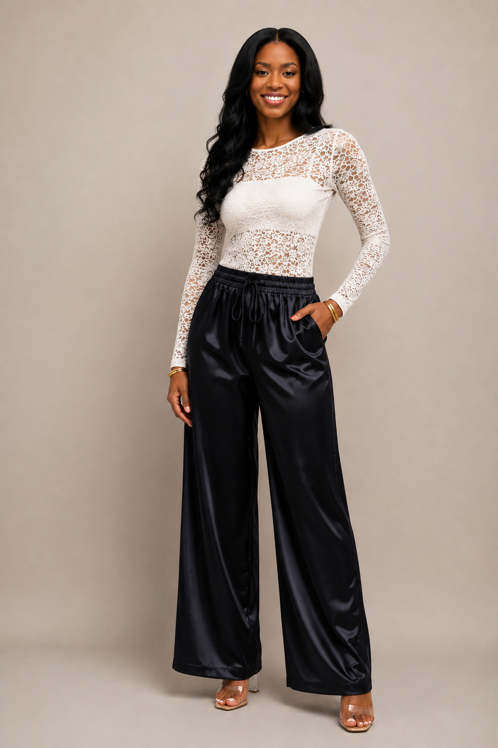 Gabrielle Satin Drawstring Wide-Leg Pants