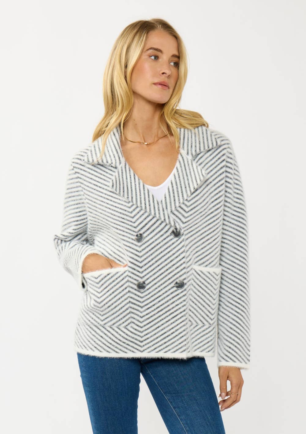 Chevron Stripe Button-Up Sweater Jacket