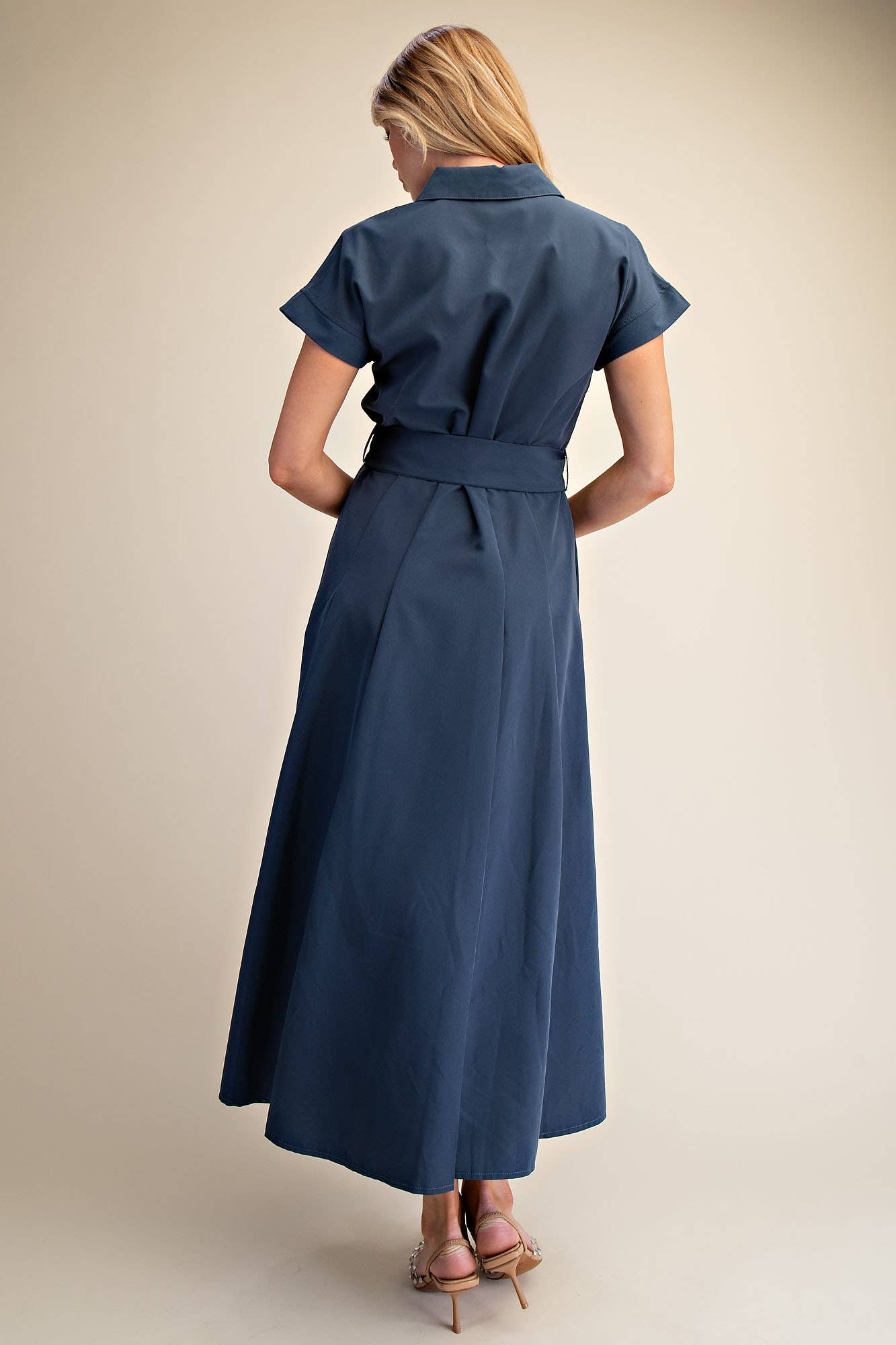 Collar V-neck Front Pocket Button Down Midi Dress
