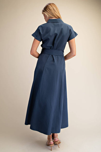 Collar V-neck Front Pocket Button Down Midi Dress