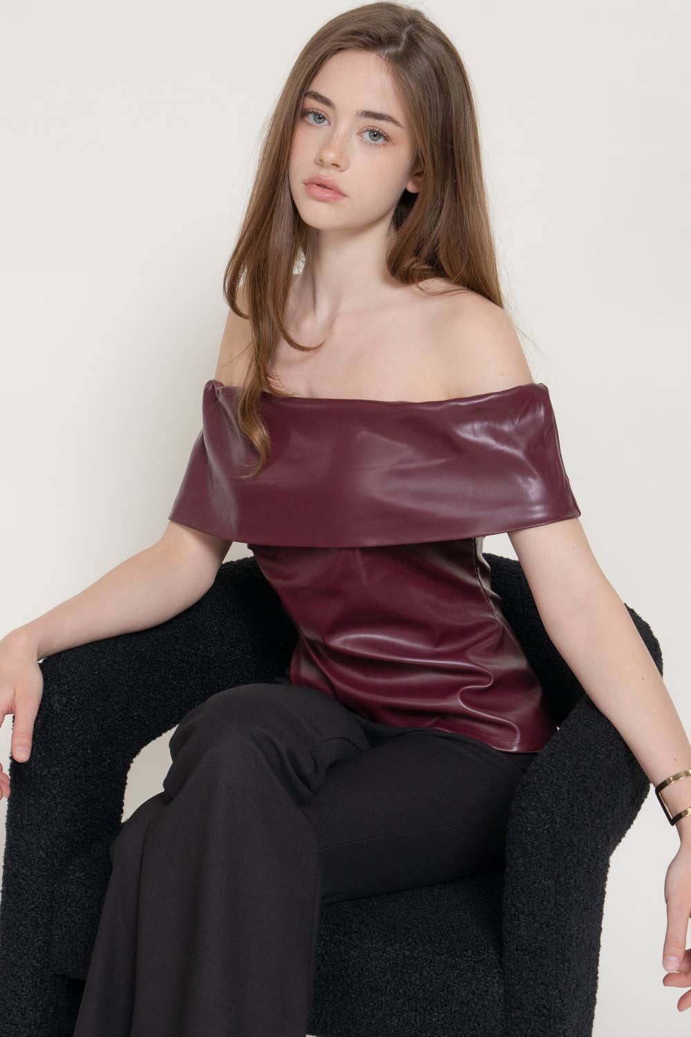Off The Shoulder Faux Leather Top with Asymmetric Hem