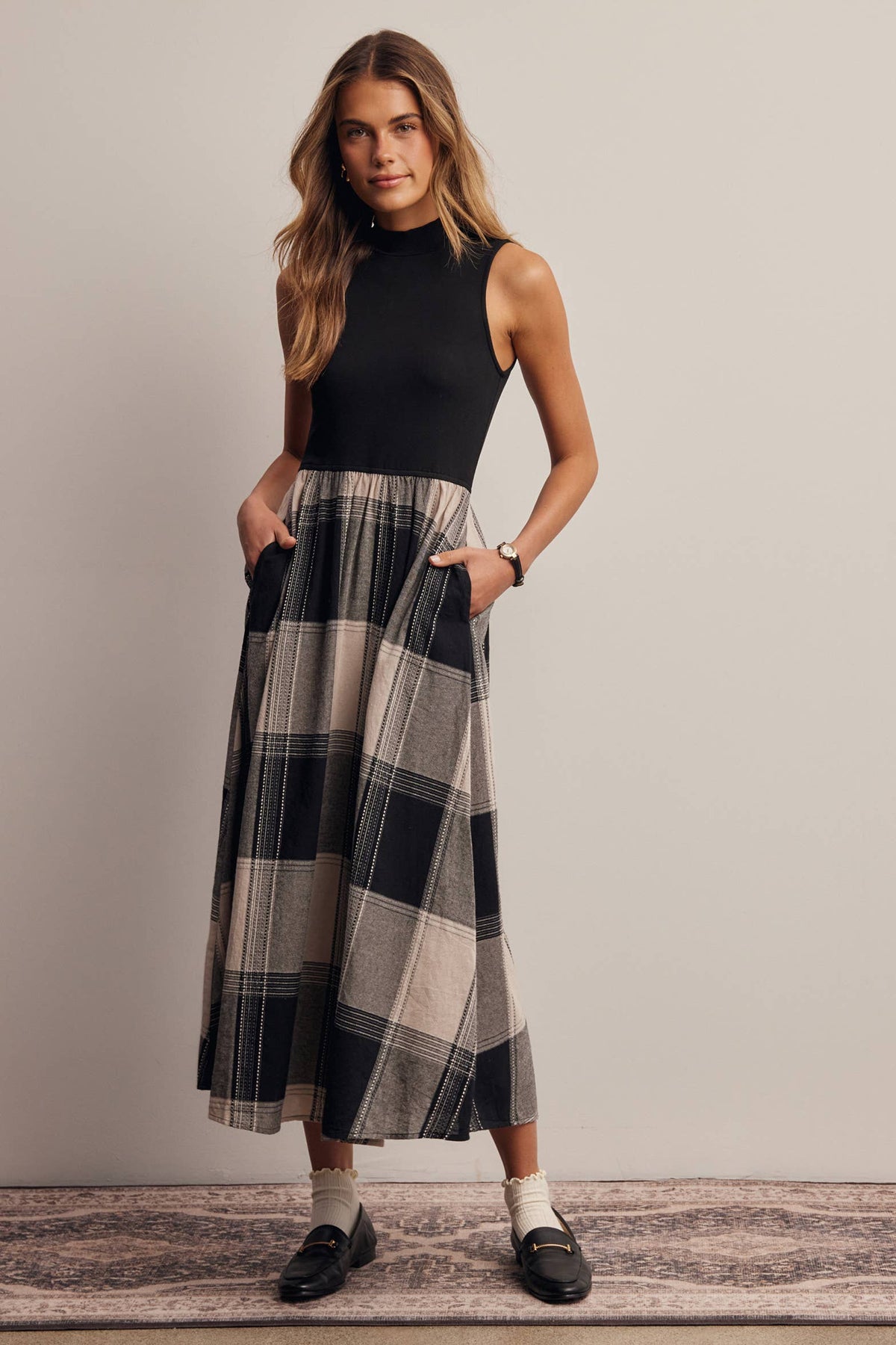 Mock Neck Mixed Media Plaid Midi Dress