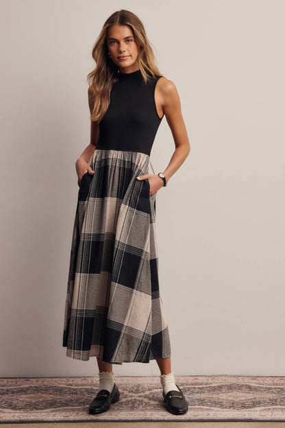 Mock Neck Mixed Media Plaid Midi Dress