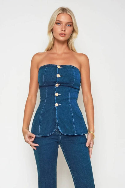 SHERRIAH DENIM PEPLUM TOP  W1515TIA  MID DEN