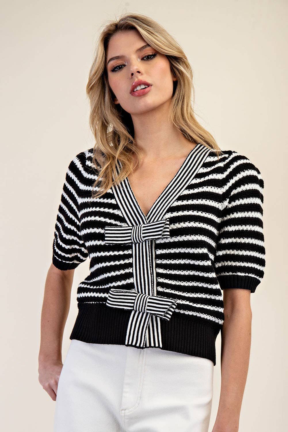 STRIPED V NECK KNIT CARDIGAN