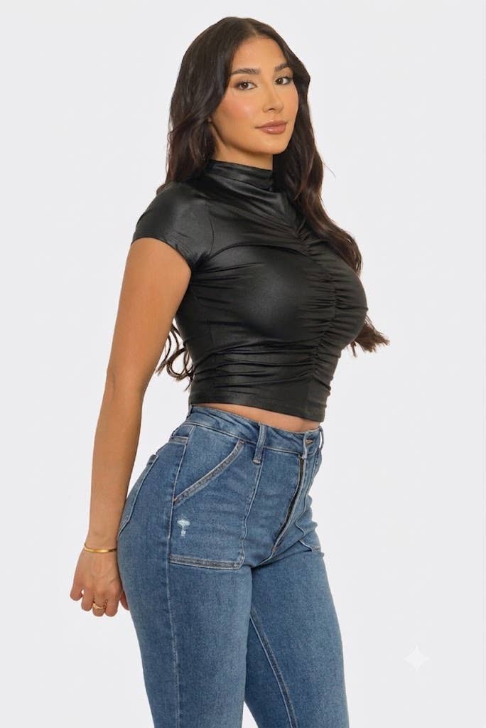Yoga Coated Front Elastic Shirring Ruched Crop Top