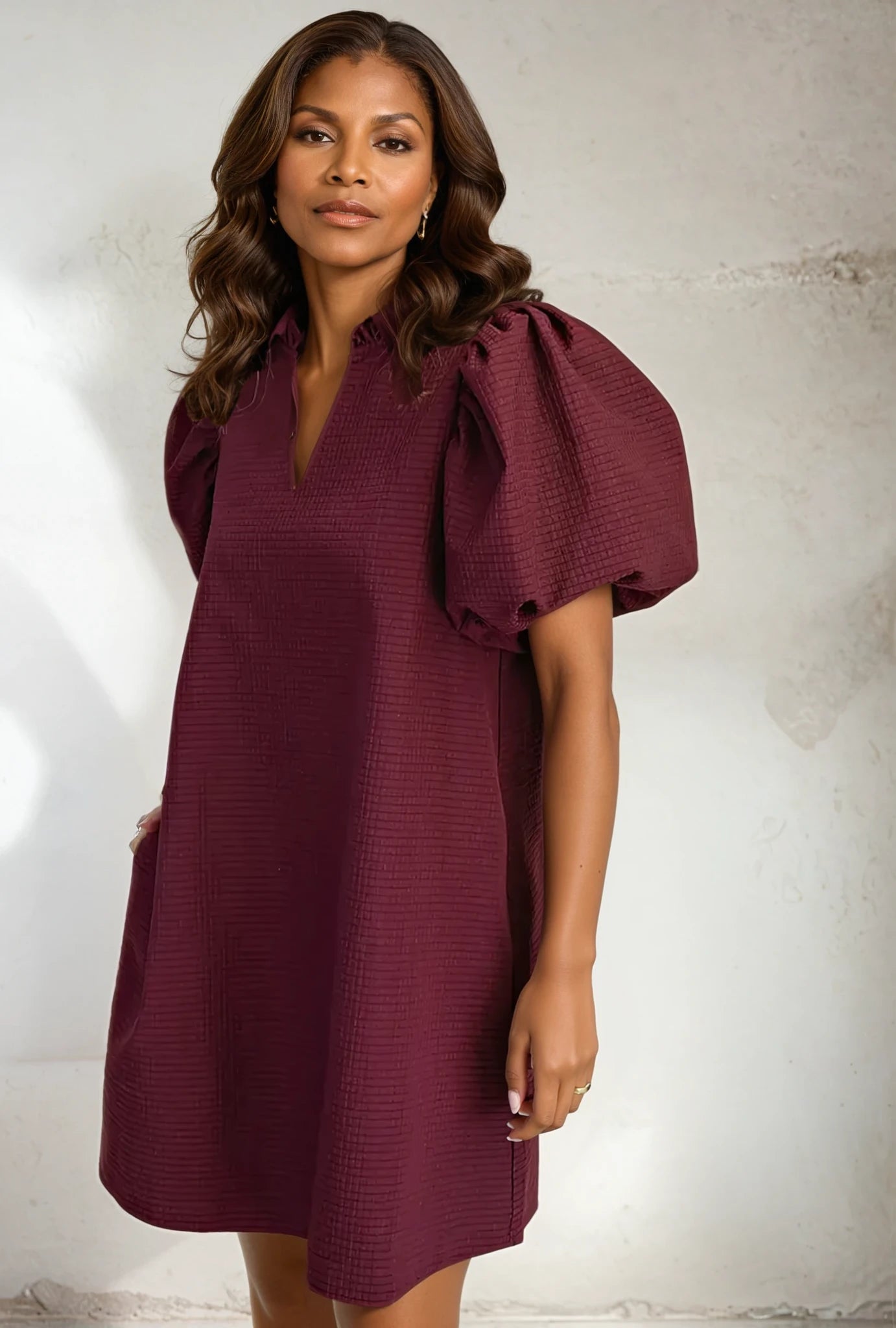 Ruffle V-Neck Puff Sleeve Mini Dress