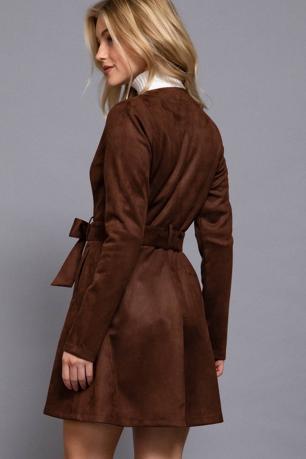 Briah V-Neck Zip-Up Belted Faux Suede Dress Jacket