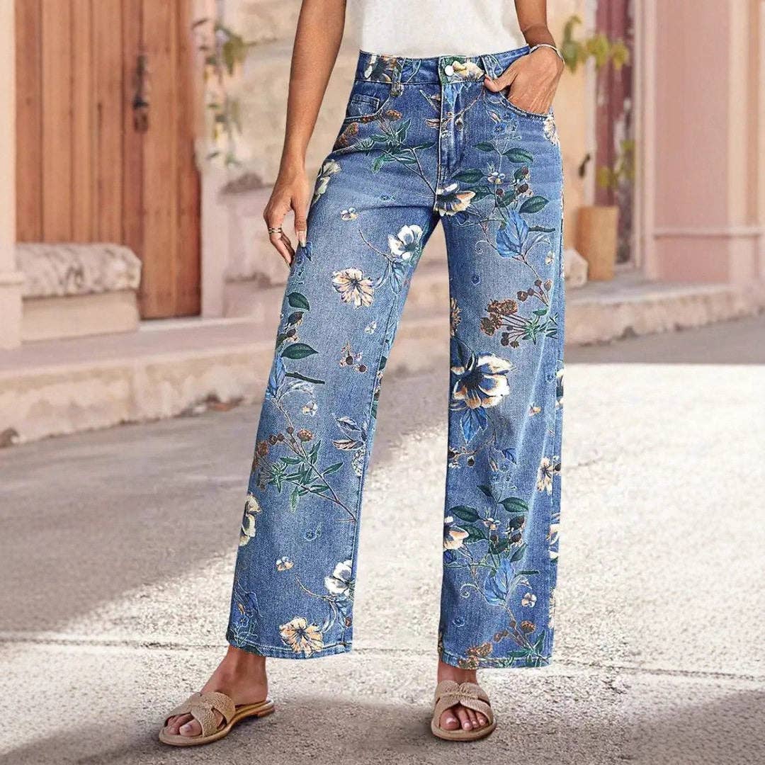 Floral Print High Waist Straight Leg Jeans