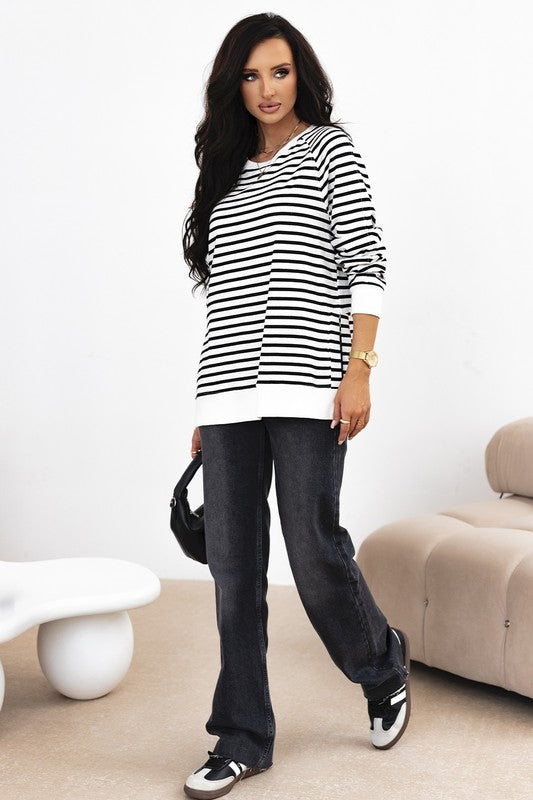 Stripe Raglan Sleeve Side Slits Loose Sweatshirt