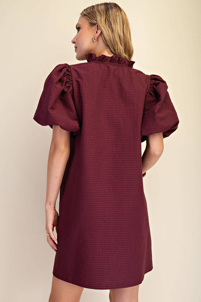 Ruffle V-Neck Puff Sleeve Mini Dress
