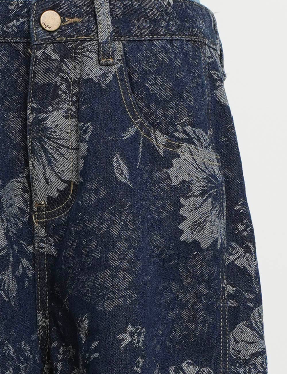 Ladies Vintage Denim Pants Floral Print Barrel Pants