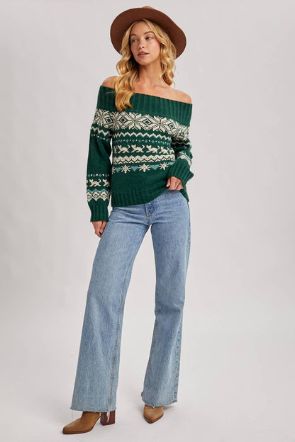 SNOW ISLE OFF SHOULDER KNIT SWEATER - HOLIDAY