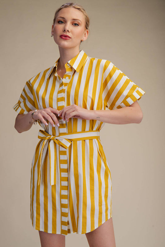 Collar Neck Button-Up Shirts Waist Tie Mini Dress