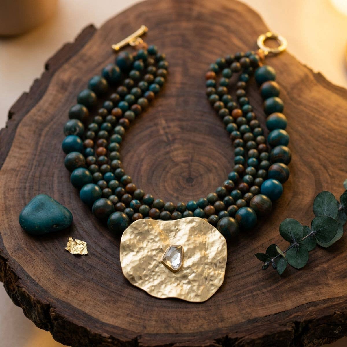 Tribal Lake Blue Stone Bead Hammered Gold Necklace