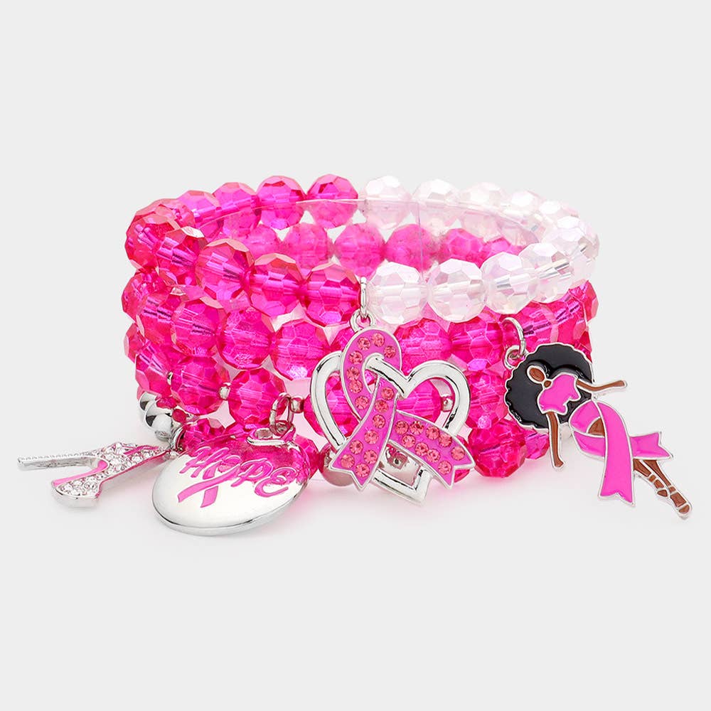 4PCS - Pink Ribbon Stiletto Heel Hope Message Afro Girl Charm Pearl Stretch Bracelets