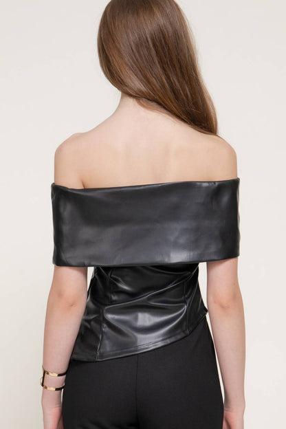 Off The Shoulder Faux Leather Top with Asymmetric Hem