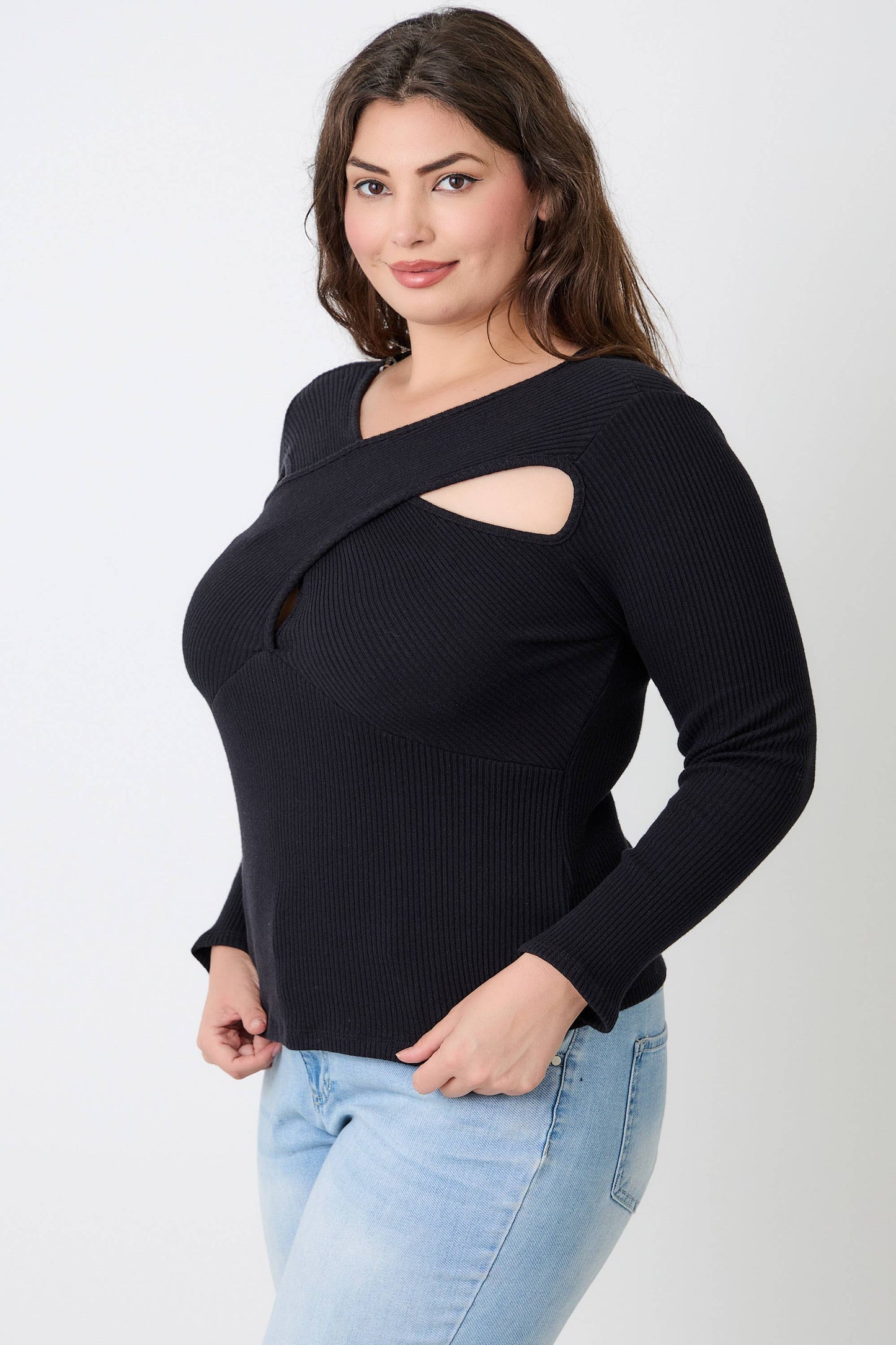 Kitty  Black Ribbed Cutout Long Sleeve Top JK18852-T