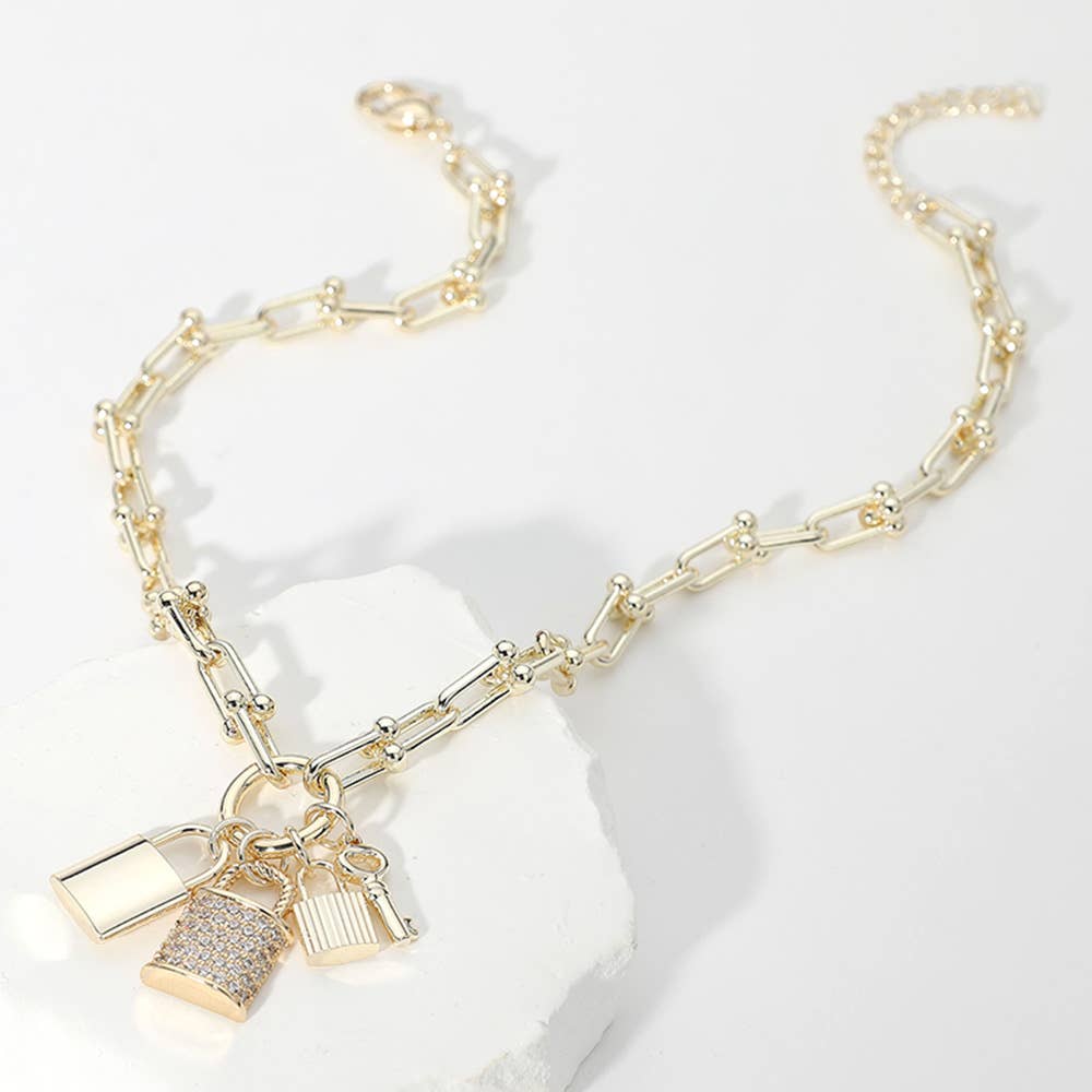 14K Gold Plated CZ Paved Triple Lock Pendant Chain Necklace