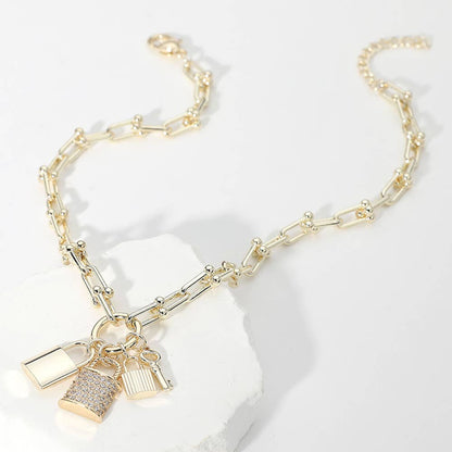 14K Gold Plated CZ Paved Triple Lock Pendant Chain Necklace